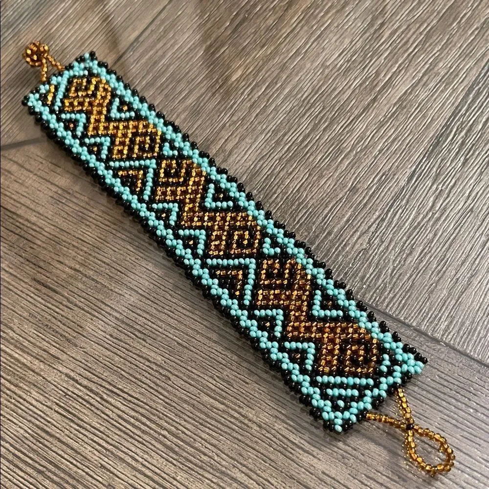 Miyuki Boho Beaded Bracelet – Turquoise & Amber Geometric Pattern Peyote Stitch